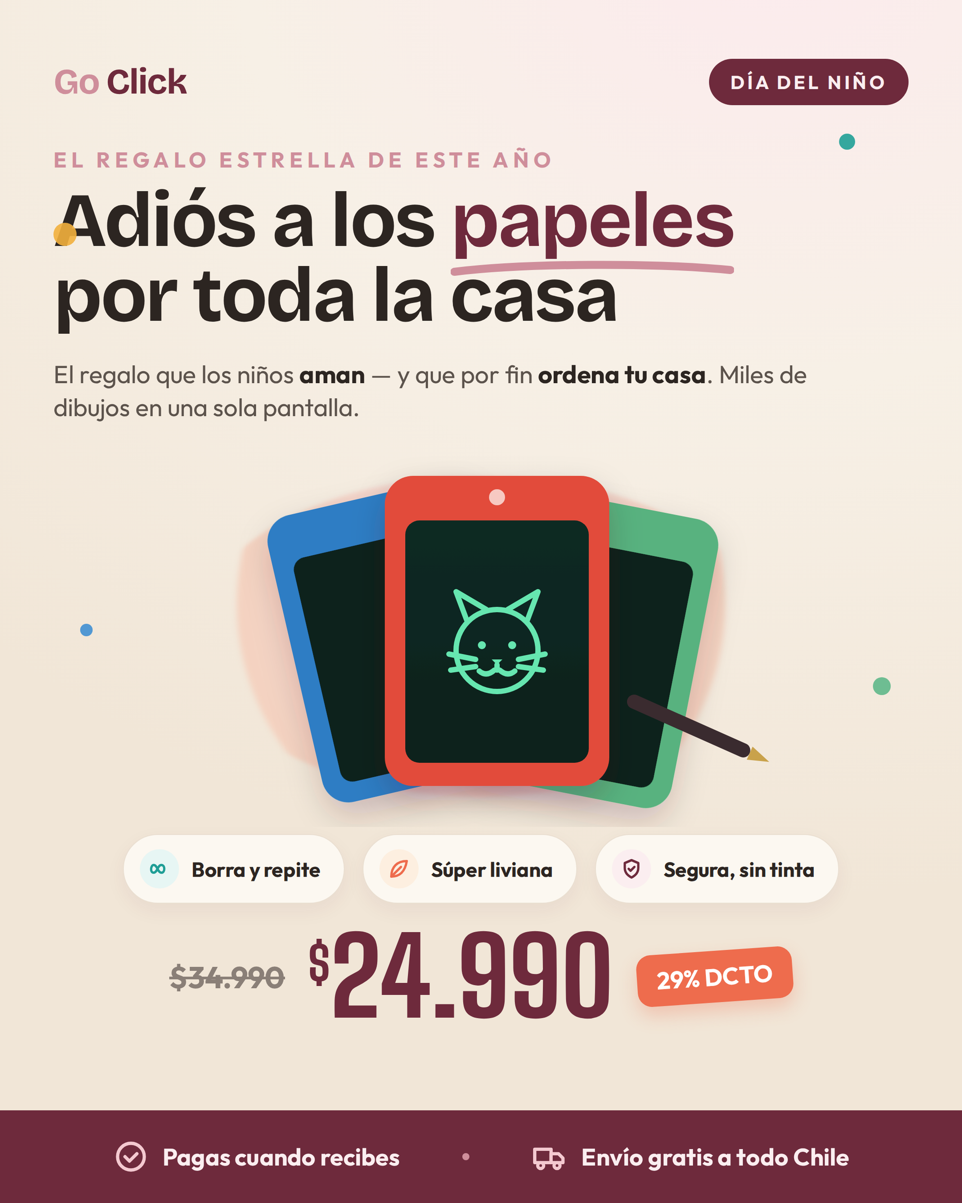 Tableta mágica de dibujo LCD Go Click para niños — oferta Día del Niño $24.990