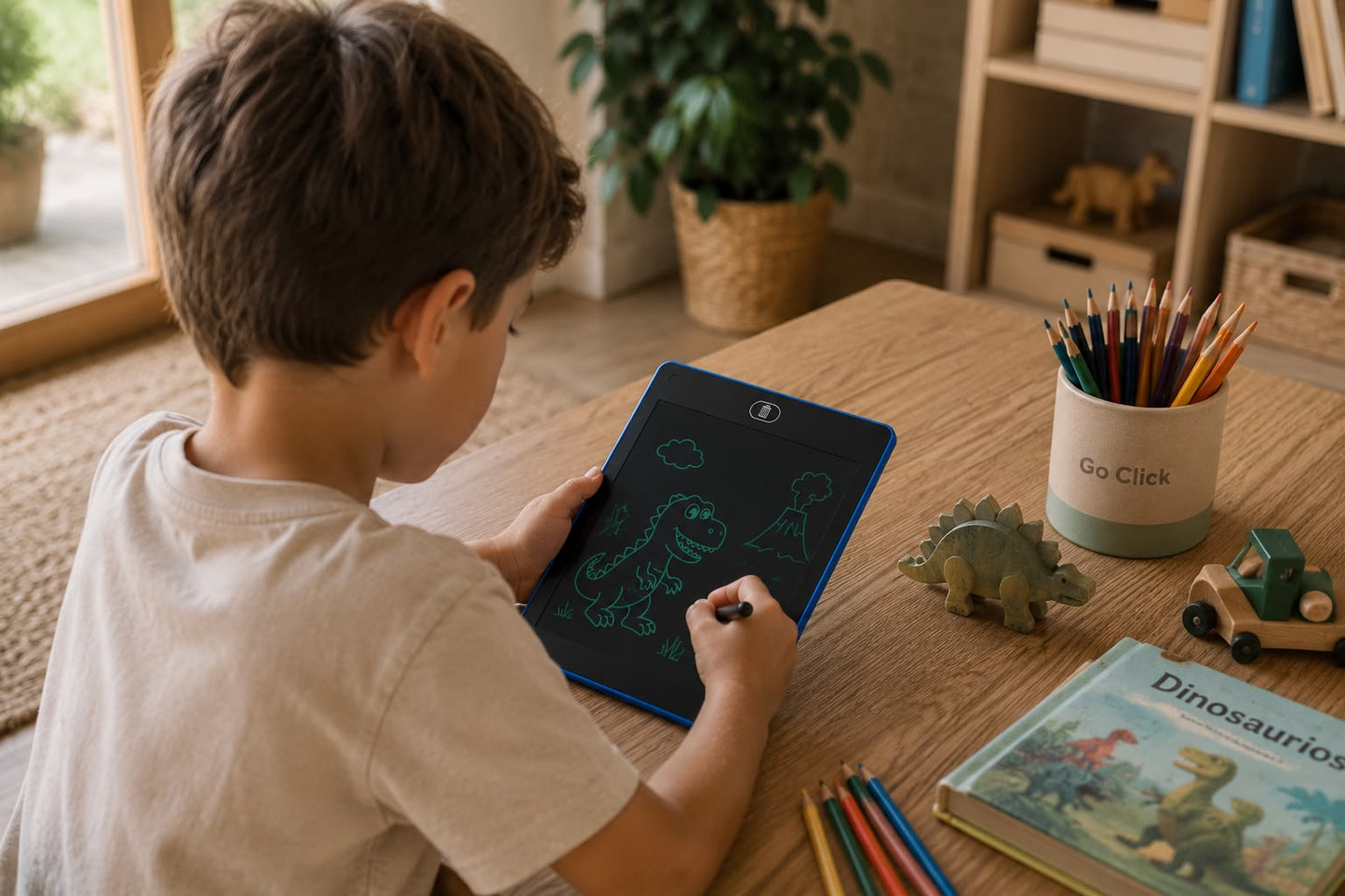 Niño dibujando un dinosaurio en la tableta de dibujo LCD Go Click en su escritorio