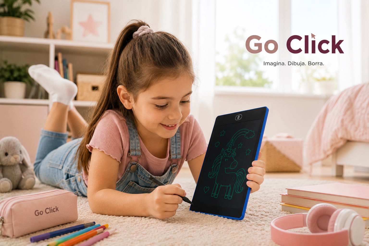 Niña dibujando un unicornio con la tableta mágica de dibujo LCD Go Click